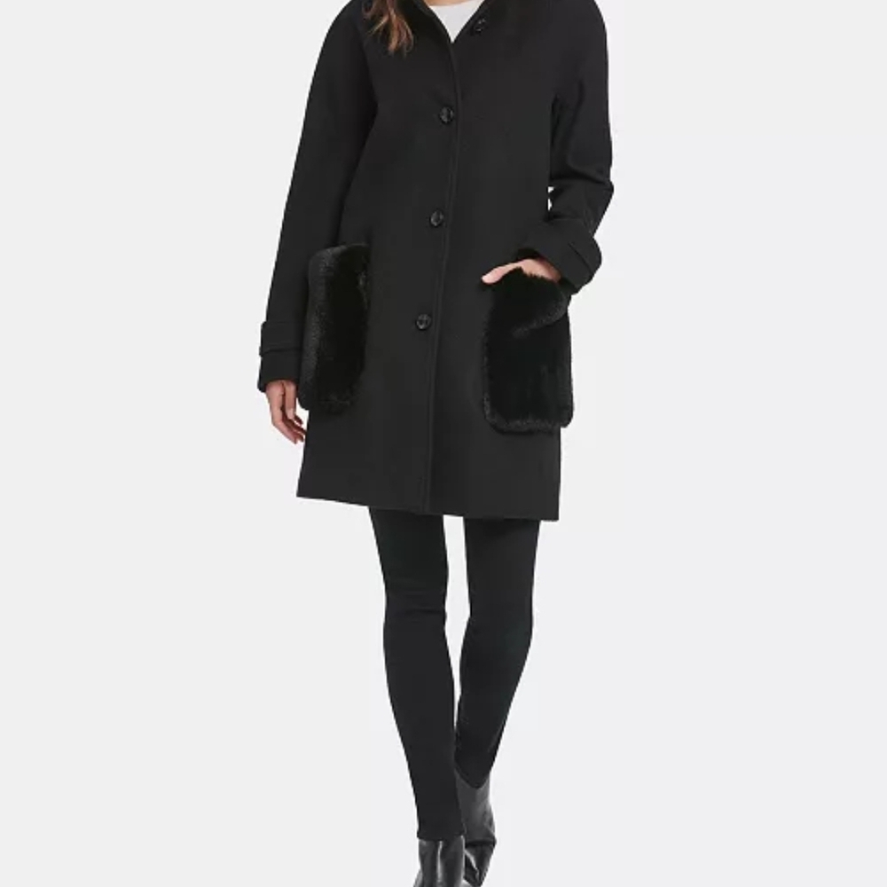 DKNY Black Coat with Faux Fur Detail